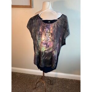 Rock & Republic Women Tiger Graphic Print Tunic Top Studded Shoulders